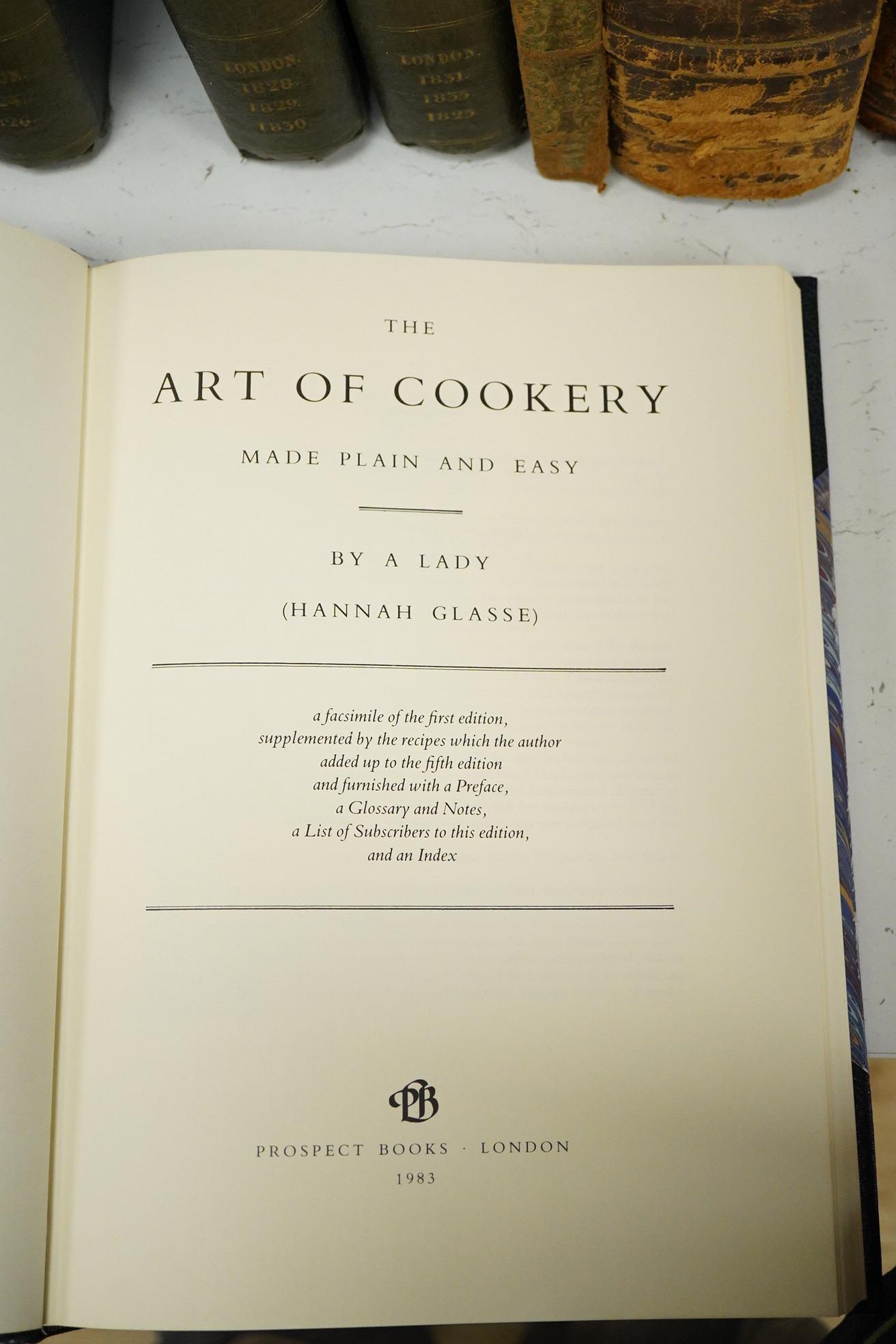 Glasse, Hannah - The Art of Cookery Made Plain and Easy ... facsimile edition. text illus.; publisher's half leather and marbled boards, gilt lettered spine, in slipcase, 4to. 1983. *includes explanatory material and sub
